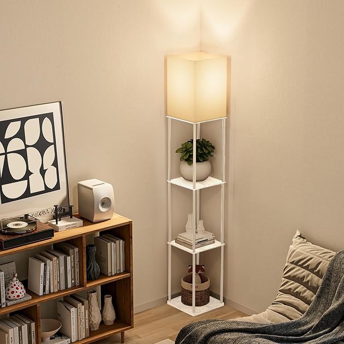 Gupuzm Floor Lamp with Shelves, 4 Layer Square Standing Lamp with 3 Color Temperature Bulb, Corner Display Bookshelf Lamp for Living Room, Bedroom and Office(White-2 Packs)