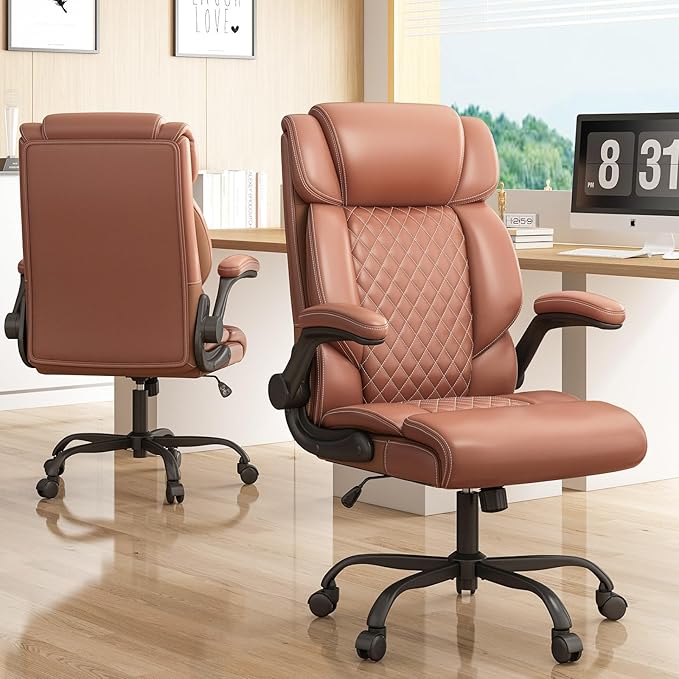 Office Chair-Executive High Back Breathable Comfy Desk Chair with Flip-up Armrests Lumbar Support-Ergonomic Leather Rolling Swivel Chair with Rock Function for Working Studying Gaming