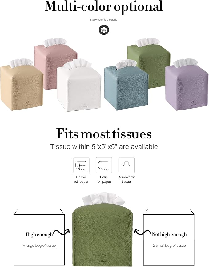 Tissue Box Cover, Jeethemy Square PU Leather Tissue Box Holder, Modern Tissue Case Facial Paper Organizer Dispenser,5X5X5'',Single Green