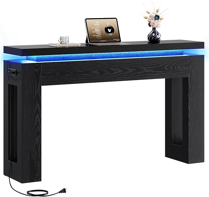 LIKIMIO Console Table with Drawers, Modern Entryway Table with LED Lights and Charging Station, Narrow Sofa Table with Storage Behind Couch for Entrance, Hallway, Living Room, Black