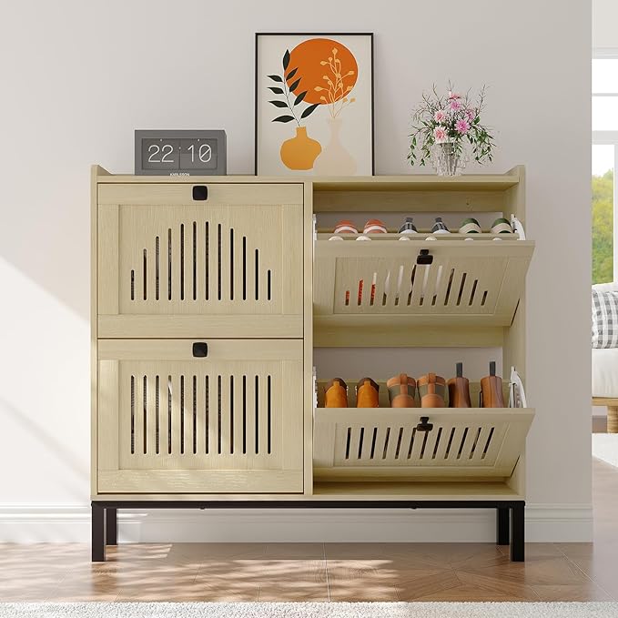 Garvee 4 Flip Drawer Shoe Cabinet with Adjustable Shelves, Hidden Shoe Organizer with Large Capacity, Freestanding Wooden Shoe Rack for Entryway, Hallway, Living Room, Natural