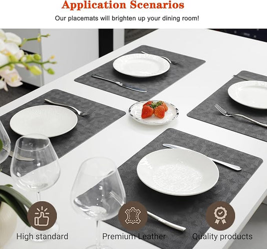 Vinyl Placemats Set of 4 Heat Resistant Easy Clean Non-Slip Place Mats for Dining Table Faux Leather Waterproof Stain Resistant Wipeable Washable PVC Table Mats(4, Gray)