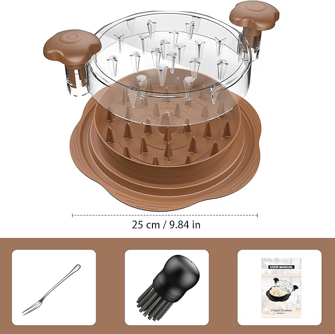 Chicken Shredder Tool Twist Large Chicken Breast Shredder with Brush&Fork, Visible Meat Shredder Machine, Strong Anti-Slip Strip, Ergonomic Handle, BPA Free, Suitable for Pork Beef Chicken(Brown)
