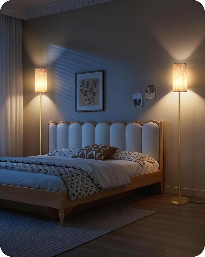 2Pack 64.2” Dimmable Floor Lamp for Living Room with Remote & Foot Switch, Corner Floor Lamp for Bedroom, Includes A19 Bulb, Modern Standing Tall Lamp, ETL Listed Beige and Gold DE17LDP205