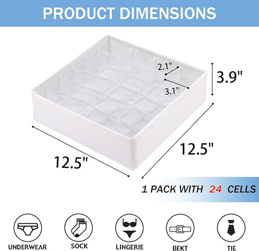Foldable Storage Cubes Drawer Underwear Organizer Dividers, under Cabinet Organizer 24-Cell Fabric Storage Boxes for Lingerie,Socks,Ties (White)