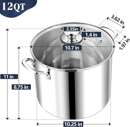 P&P CHEF 12 Quart Stainless Steel Stock Pot with Lid, Large Stockpot for Cooking Pasta Soup, Cookware for Induction Gas Electric Stoves, Visible Lid & Measuring Markings, Dishwasher Safe