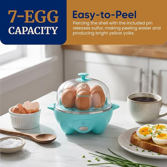 Elite Gourmet EGC-007T# Rapid Egg Cooker, 7 Easy-To-Peel, Hard, Medium, Soft Boiled Eggs, Poacher, Omelet Maker, Auto Shut-Off, Alarm, 16-Recipe Booklet, Teal