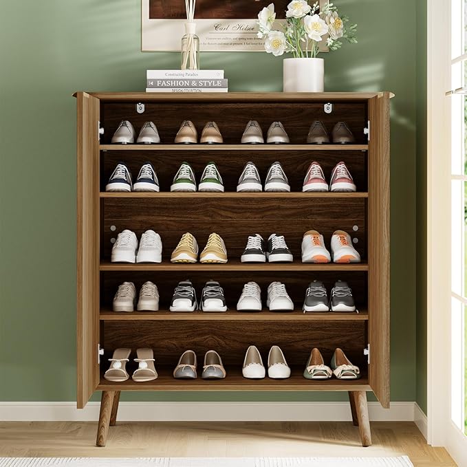 Fluted Shoe Cabinet with Doors,5-Tier Freestanding Shoe Storage Cabinet with Adjustable Shelves, Wooden Shoe Rack Organizer Cabinet for Entryway,Hallway,Natural Oak