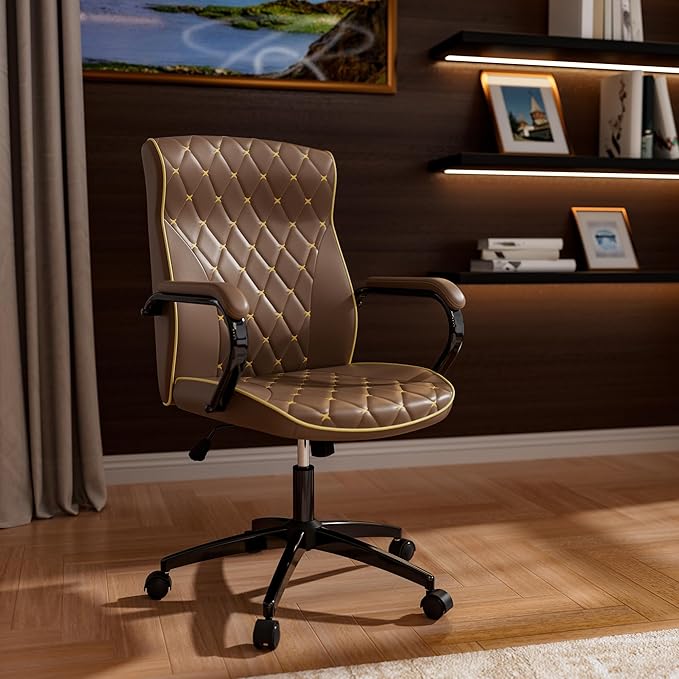 Brown Office Chair with Soft Leather Embroidery, Mid Back Vintage Swivel Executive Desk Chair with Wheels and Padded Arms, Adjustable Height