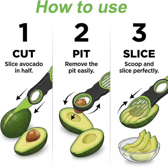 3-in-1 Avocado Slicer Tool - Stainless Steel Pit Remover, Peeler & Fruit Scooper, Non-Slip Ergonomic Grip, Dishwasher Safe (Green)