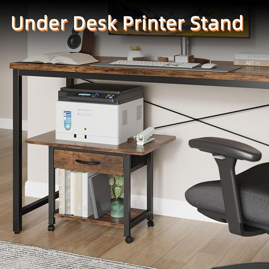 YAOHUOO 22"x15" Large Printer Stand with Drawer, 2-Tier Rolling Table Cart | Under Desk Printer Table,Storage Fabric Drawer,Fit printer/fax/3d/scanner,4 Lock Wheels or Feet,For Home Office Dorms,Brown