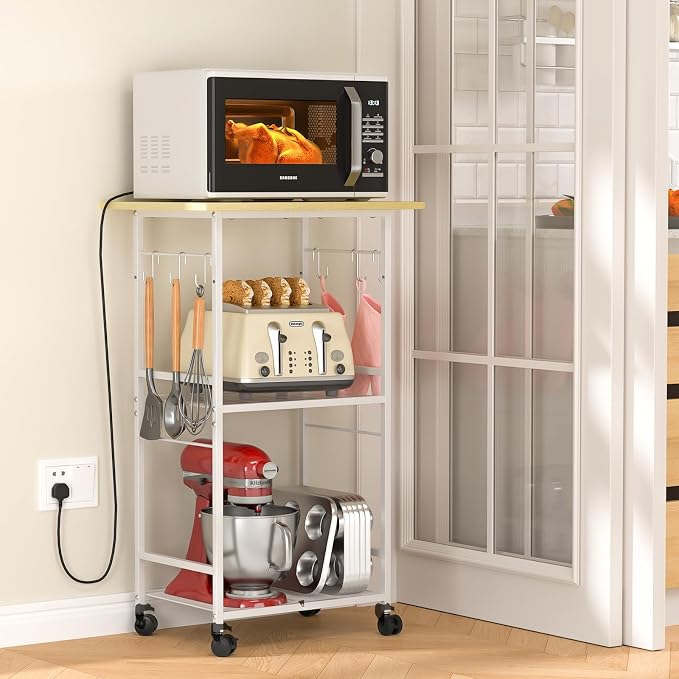 ThreeHio Rolling Kitchen Microwave Cart, 3 Tier Microwave Table Stand with Adjustable Shelf, Kitchen Storage Rack on Wheels, Coffee Station Cart Rack Shelf Organizer for Living Room Office, Balcony
