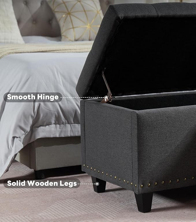 Tbfit 50.8“ Large Ottoman Storage Bench for Bedroom, Oversized Tufted Upholstered Entryway Benches End of Bed, Rectangle Dorm Foot Stool with Safety Hinge & Solid Wood Legs, Loads 660 lb, Gray