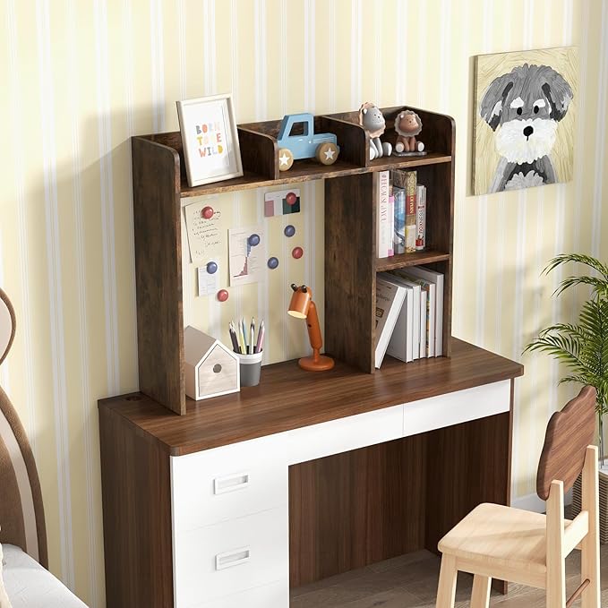 Desk Hutch, Desktop Shelf with 5 Shelves, Desk Bookshelf w/Anti-Toppling Devices, Wood Table Top Bookshelf Organizer, Small Desk Shelf for Study, Office, Dorm (Rustic Brown, 5 Shelves)