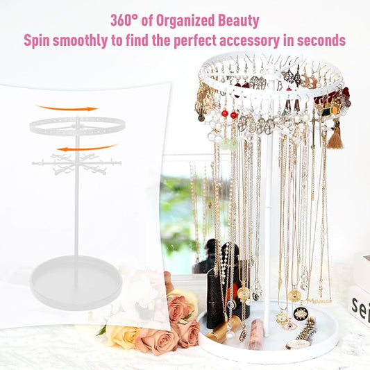 360 Rotating 2-Tier Jewelry Organizer Stand, Large Earring Holder Organizer with 48 Holes for Studs,24 Prongs for Necklaces, Wide Base for Bracelets, Watches, Lipstick, Jewelry Display Stand for Women