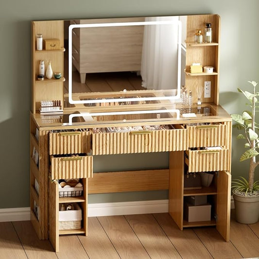 47.2" Fluted Makeup Vanity Desk with Large 28.7" Mirror and Lights, 5 Drawer Vanity with Power Strip, 6 Open Shelves, 2 Cabinet, Modern Bedroom Vanity Featuring Visual Transparent Glass