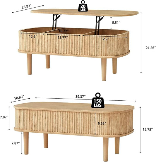 Fully Assembled Fluted Lift Top Coffee Table with Hidden Compartment, Wooden Center Table, Modern Oval Lift Tabletop for Home Living Room Office, Natural