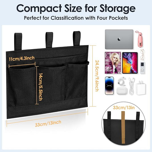 Bedside Caddy Storage Organizer, Hanging Storage Bag Pocket for Bunk/Hospital Beds,College Dorm Organizer for Remotes Phone,College Dorm,Camp,Bed Rails(4 Pockets),Black