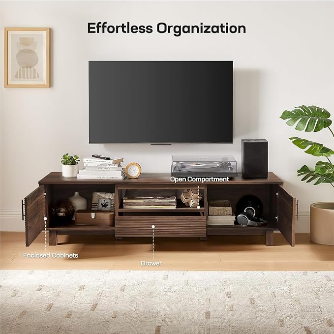 Amada 58" TV Stand for TVs up to 65 Inch, Fluted Entertainment Center with Storage Cabinets and Drawer, Mid Century Modern TV Console for Living Room & Bedroom, Walnut