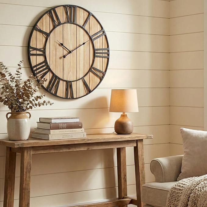 EMAX HOME Large Farmhouse Wall Clock 24 Inch Vintage Brown Wooden Wall Clock with Quiet Ticking and Minimalist Roman Numerals for Bedroom Living Room Office Kitchen Home Decor, Battery Operated