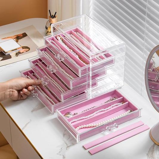YUFONG Necklace Holder Organizer, Dustproof Necklace Box Velvet Necklace Organizer Box with Lid Clear Acrylic Dustproof Stackable Jewelry Displays for Necklaces Chain Display (Pink, 5 Drawer)