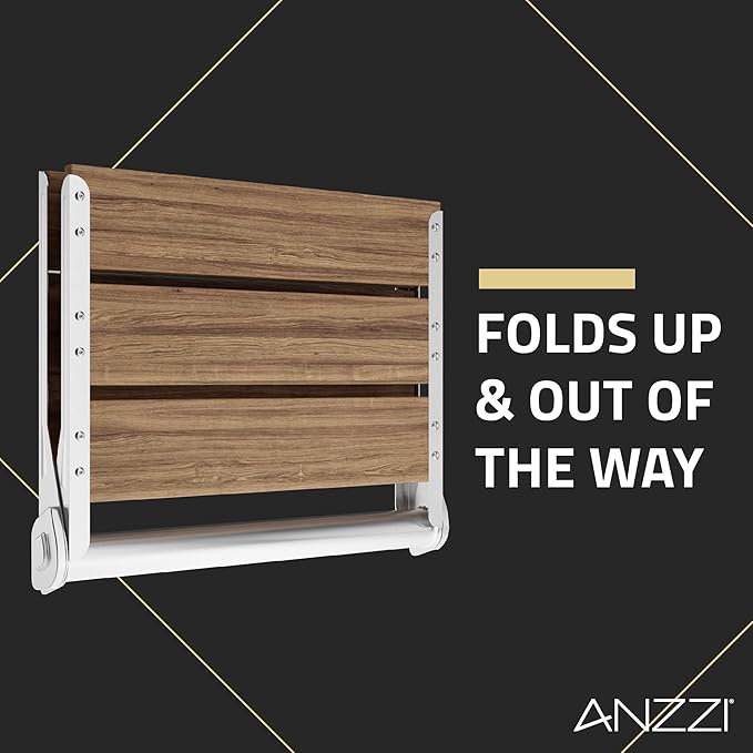 ANZZI Wall Mount Fold Teak Shower Bench | Saxon 18.7 in x 12.4 in Bathroom Accessories Folding Teakwood Shower Seat for Inside Shower for Bathtub | Spa Foldable Wooden Bath Chair for Seniors