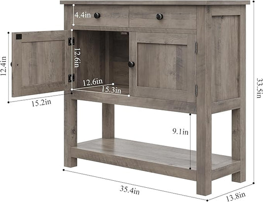 HOSTACK Farmhouse Console Table with 2-Door Cabinet & 2 Drawers, Coffee Bar, Entryway Table with Storage Shelf, Sofa Tables Buffet Sideboard for Kitchen, Hallway, Dining, Living Room, Ash Gray