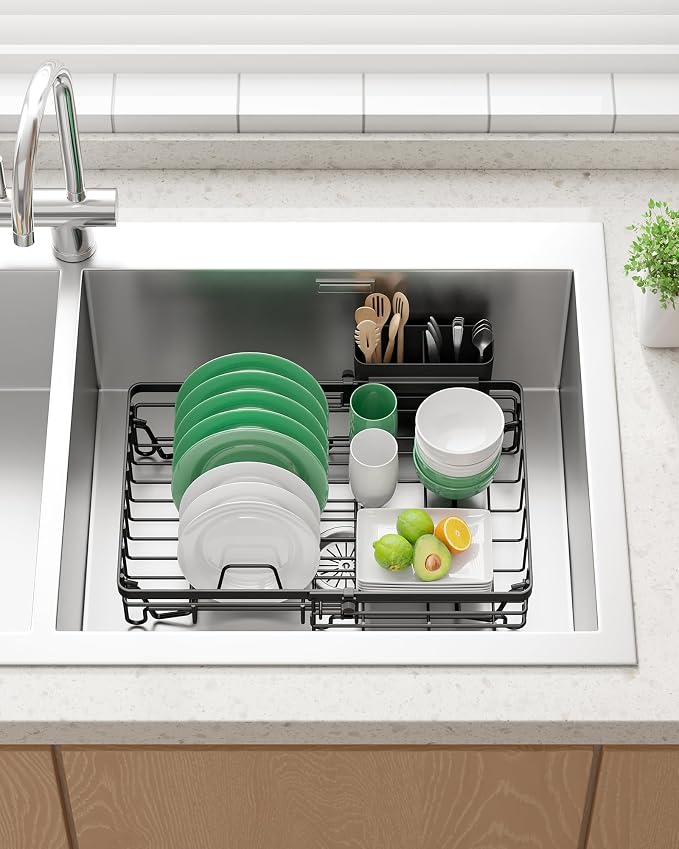 Kitsure Dish Drying Rack – Expandable in-Sink or Over-Sink Dish Rack for Kitchen Counter, Rust-Resistant Metal Dish Strainer with Cutlery Holder, 10.82"-17.12" L x 11.02" W x 3.93" H, Black