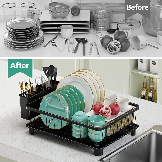 Hiviweer Dish Drying Rack - Space-Saving Dish Rack,Dish Racks for Kitchen Counter with Drainboard, Rustproof Dish Drainer with a Removable 4-Compartment Utensil Holder,Black