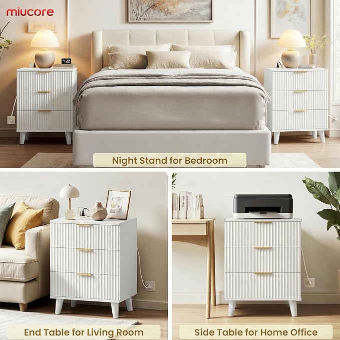 White Fluted nightstands Set of 2, 20 inch Modern Nightstand with Charging Station Wood Bedside End Table with 3 Large Storage Drawers, Tall Side Table for Bedroom Sofa Office
