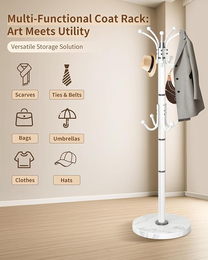 EZIVIEZ Modern Coat Rack Stand, 360° Rotary Metal Freestanding Coat Rack with Natural Marble Base, White Coat Racks and Coat Hanger Tree Jacket Stand with 14 Hooks for Office, Entryway, Hallway