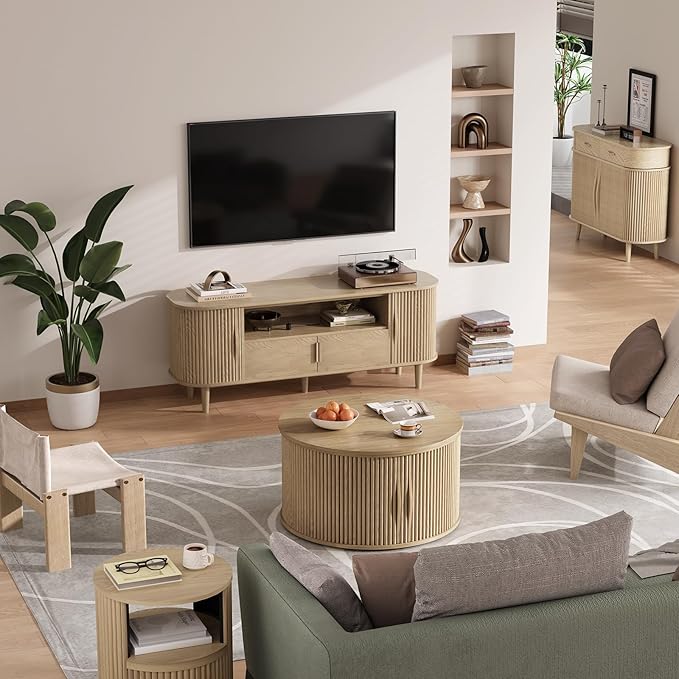 SULIVES Round Coffee Table with Lifting Top, Multifunctional Drum Coffee Table with Sliding Door, Small Fluted Center Table for Living Room, Oak