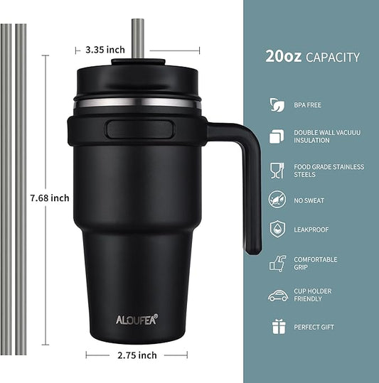 20 oz Insulated Coffee Mug Tumbler with Handle, Stainless Steel Travel Mug Tumbler with Lid and Straw,Double Wall Vacuum Leak Proof Ice Coffee Thermal Cup, Black/Rose Gold