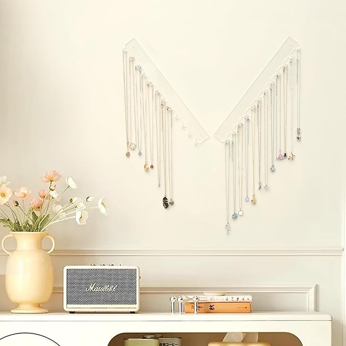 Acrylic Necklace Holder 2 Pack Wall Mounted Necklace Organizer Hanging Jewelry Organizer with 12 Hooks for Necklaces, Bracelets, Rings and Bangles Display