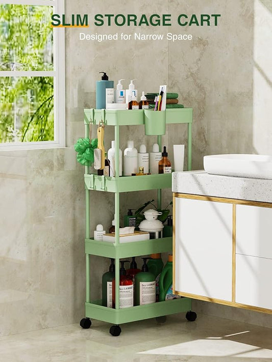 LEHOM Slim Rolling Storage Cart - 4 Tiers Bathroom Organizer Utility Cart Slide Out Storage Shelves Mobile Shelving Unit for Kitchen, Bedroom, Office, Laundry Room, Small Narrow Spaces(7.1" W+Green)