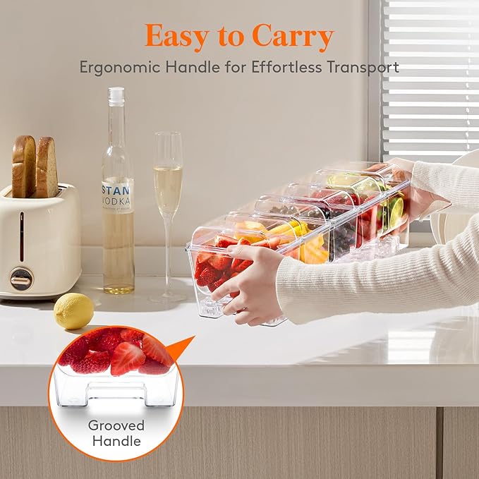 Lifewit 2 Pcs Ice Chilled Condiment Caddy with 5x 20 oz Containers, Condiment Server with Separate Lid, Serving Tray Platter with Removable Dishes for Bar, Fruit, Salad, Taco, Party Garnish
