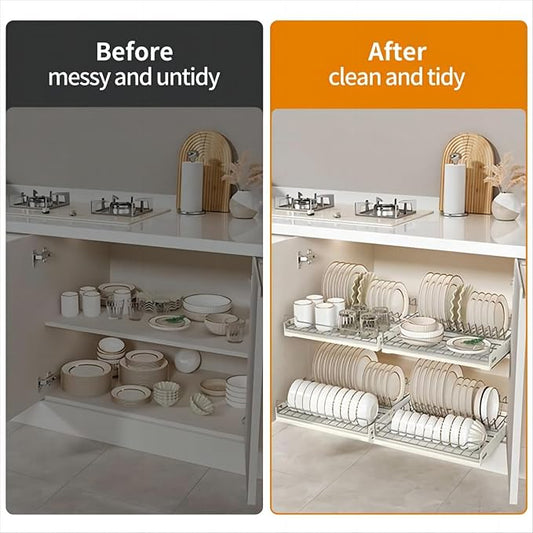 Pull Out Cabinet Organizer Fixed with Adhesive Nano Film, Slide Out Dish Drying Rack for Kitchen Cabinets, Pull Out Drawer for Kitchen Under Sink Organizer