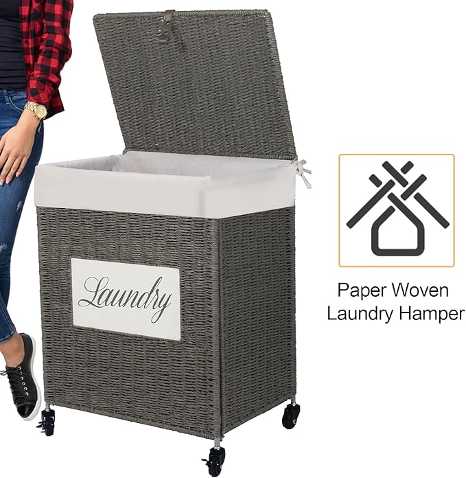 Mxfurhawa Laundry Basket, Heavy Duty Cotton Liner Laundry Storage Hamper with Handles, Collapsible Clothes Wire Basket Organizer Laundry Bag (89GY-H)