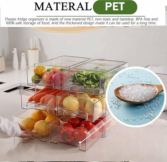 bealy 2 Pack Stackable Clear Storage Drawer,Clear Refrigerator Organizers and Storage Drawer, Pull Out Drawer for Fridge Kitchen Bathroom Cabinet Closet Office Organizer
