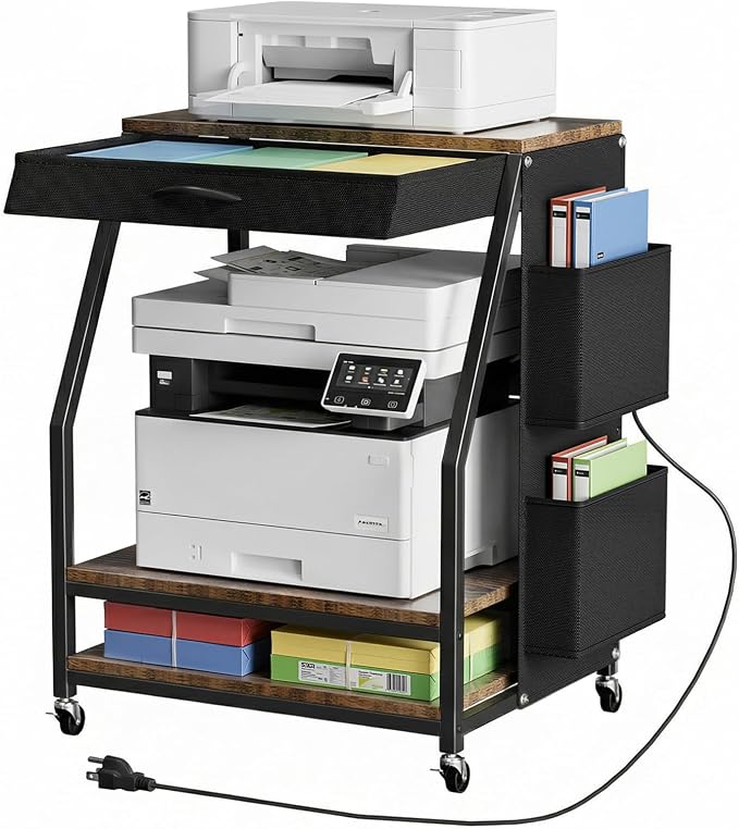 Housolution Large Printer Stand, 3 Tier 22 x 18 Inch Mobile Printer Table with Charging Station & Adjustable Storage Shelf, Rolling Printer Cart with Wheels, Printer Stand with storage for Home Office