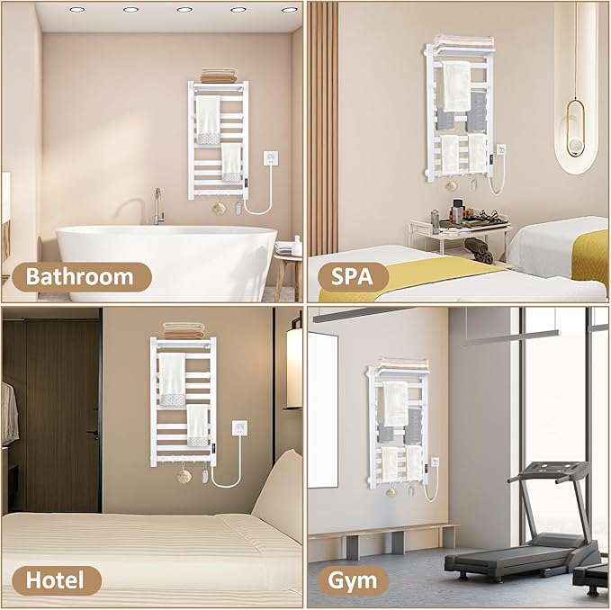 Heated Towel Rack for Bathroom Towel Warmer Racks Wall Mounted with Shelf,Timer & Temperature Multi-Level Adjustments with 10 Bars for Bathroom Shower Hot Tub(White)