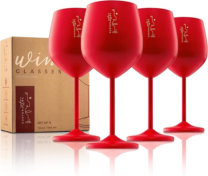 Gusto Nostro Valentine’s Day Gift Stainless Steel Wine Glass – 18 oz Red, Unbreakable Colorful Wine Glasses for Travel, Camping and Pool – Cute, Unique Metal Wine Glass for Outdoor, Picnics (Set of 4)