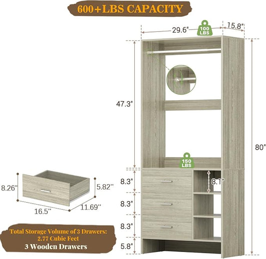 Aheaplus 2.5FT Closet System with 3 Drawers, 29.5’’ Closet Organizer, Wood Closet Organizer System, Walk-in Closet or Small Closets Wardrobe, Clothes Rack with Hanging Rods,-E6, White Oak