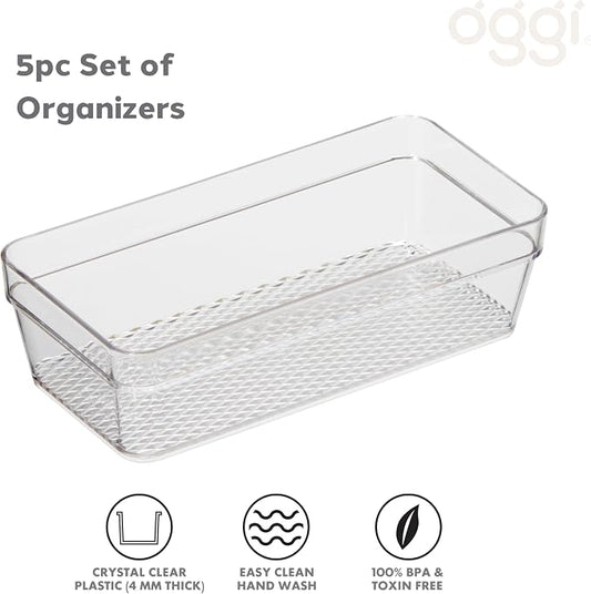 Oggi Set of 5 Clear Drawer Organizers - (1) 3x6.25, (2) 3x9.5, (2) 3x12.5 - Ideal for Organizing Kitchen Drawers, Office, Desk, Silverware, Kitchen Utensils, Cosmetics and Bathrooms