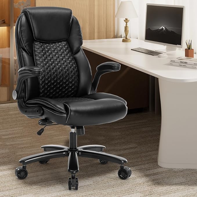 Big and Tall Office Chair, Executive Comeputer Desk Chair Ergonomic Home Office Chair with Adjustable Lumbar Support, Tilt Lock, PU Leather, Swivel Rolling Chair (PU-Black)