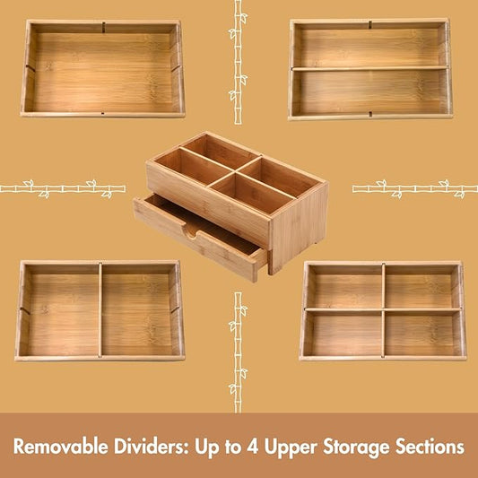 GOBAM Bamboo Makeup Organizers and Storage with Drawer - Wooden Cosmetic Organizer Countertop for Bathroom, Bedroom, Closet, Kitchen, Vanity & Dresser - Make up Vanity Station