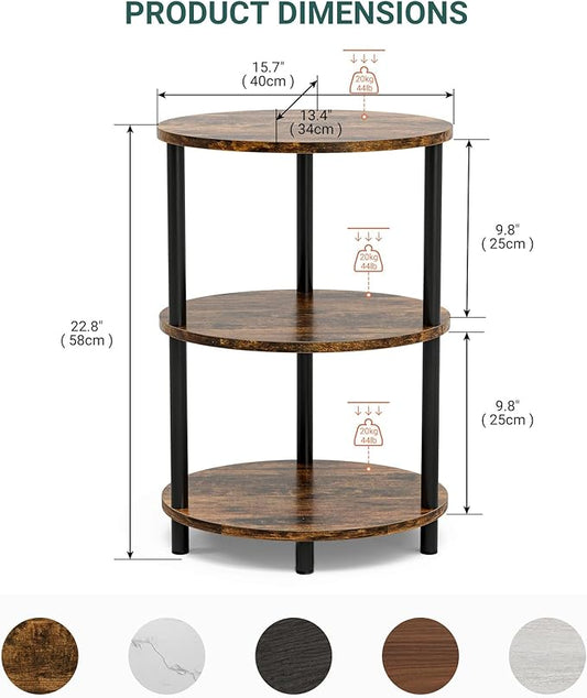 Small Round Side Table - 3-Tier Oval Accent Table for Small Spaces, Rustic Wood and Metal Couch End Table, Nightstand for Bedroom or End Table Living Room, Set of 2, Rustic Brown