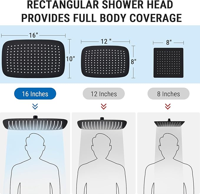 G-Promise All Metal 16 Inch Rain Shower Head with Massage Mode Handheld Spray Combo, 3-Way Diverter with Pause Setting, Full Body Coverage, Modern Bathroom Upgrade (Matte Black)