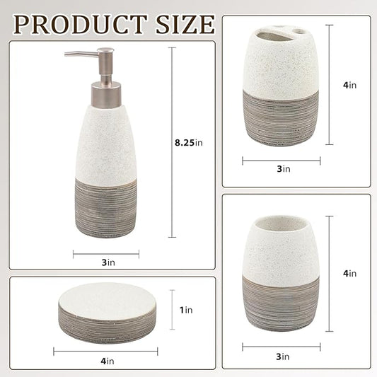 CERBIOR Bathroom Accessories Set,4 Pcs Ceramic Bathroom Decor Accessory,Includes Toothbrush Holder, Toothbrush Cup, Soap Dish for Decorative Countertop and Housewarming Gift, (Grey White)