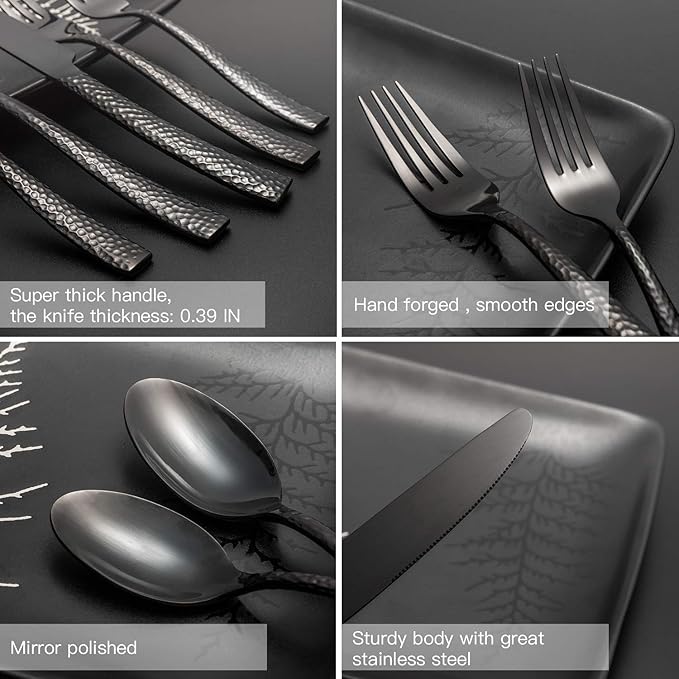 Kelenfer Silverware 65-Piece Black Hammered Flatware Set with Serving Utensils Stainless Steel Thick Handle Mirror Polished Cutlery Set for Wedding Hotel Restaurant, Service for 12